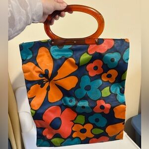 Vintage 60s Lady’s Pride Folding Tote Bag Orange acrylic handles floral print